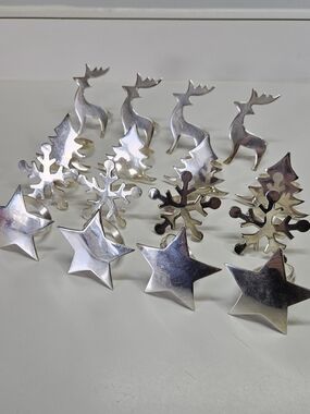 Pier 1 Imports Silver Tone Holiday Napkin Rings Set 16 Reindeer Star Snowflake